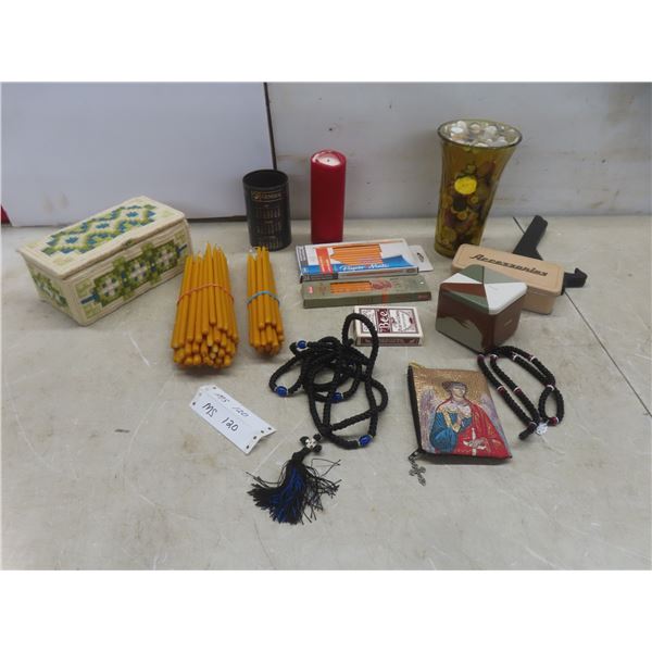 New Pencils, Candles, Vintage Buttons in Vase, Metal Tins, and More