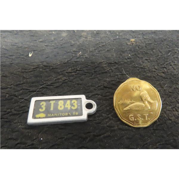 1958 Manitoba Mini License Plate, War Amp Key Tag, and Metal NO-GST Pin-Button Dated 1989 with B.C.