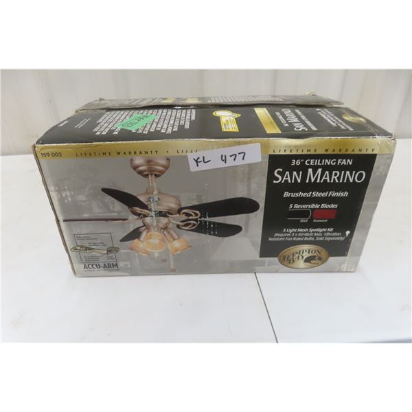 Never-Used San Marino 36" Ceiling Fan with Brushed Steel Finish