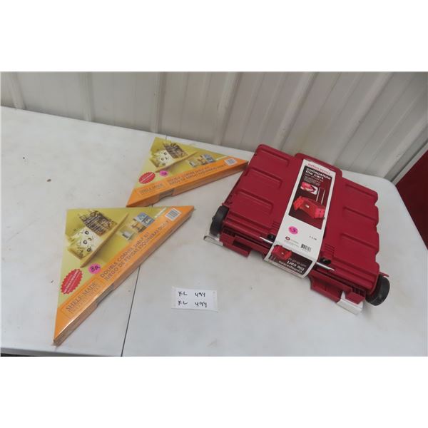Two New 2-Packs of Oak-Patterned Corner Shelves and New Collapsible Portable Red File Cart on Wheel