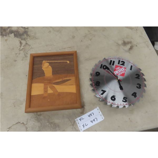 Vintage Framed Wood Inlay Golfer Art, Home Depot Saw Blade Clock