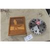 Image 1 : Vintage Framed Wood Inlay Golfer Art, Home Depot Saw Blade Clock