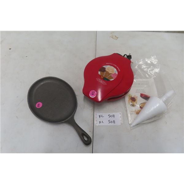 One New Oval Cast Iron Fry Pan and Waffle Cone Maker with Attachment