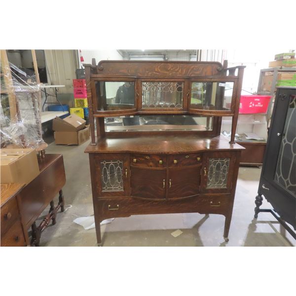 Antique Tiger Oak Sideboard with Lead Glass, 1890-Early 1900s, 69" x 54" x 21", and Curved Glass