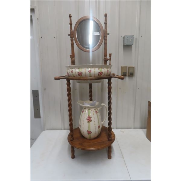 Antique Oak washstand with barley-twist legs, swivel oval mirror, candle arms, two-tier oval shelve