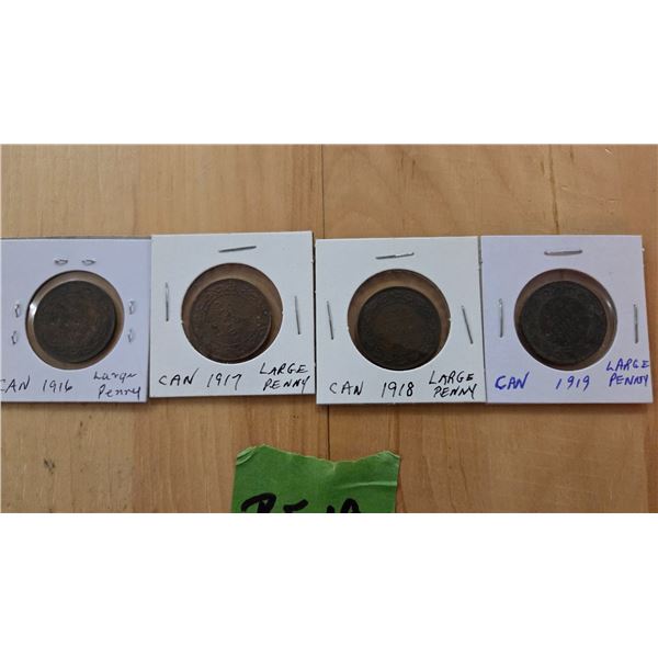 4 Large Canadian Pennies: 1916, 1917, 1918, and 1919