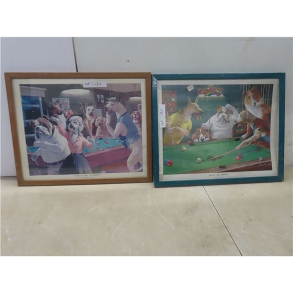 2 Framed Pictures: Dogs Playing Pool, 17" x 21"