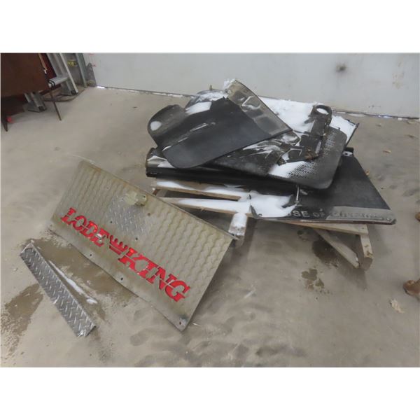Pallet Lot: Checker Plate "Lode King" 16" x 37 1/2", Large Quantity Mud Flaps, and More