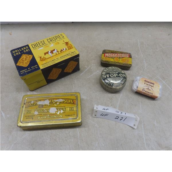 4 Vintage Tins: Millbank Cigarettes, Moggezones, Strangs Stop-On, Cheese Crispers, and More