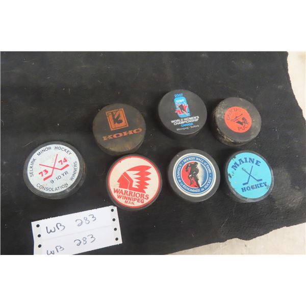 7 Vintage Hockey Pucks: Rare Winnipeg Warriors, 1973-74 Selkirk Minor Hockey, Maine Hockey, KOHO, N
