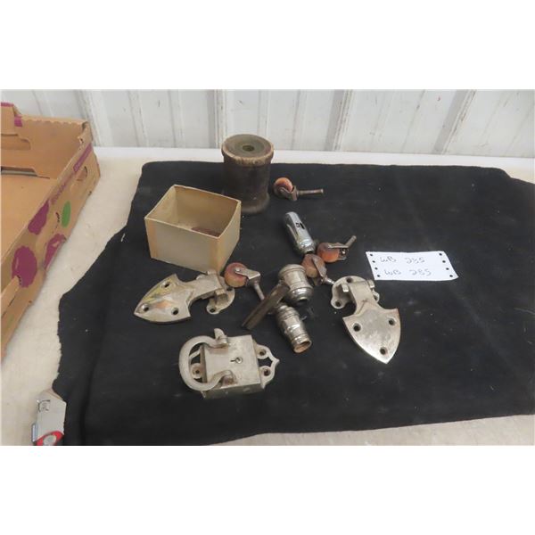 Antique Ornate Ice Box Hinges and Lock Latch, 4 Cabinet Wood Rollers, 3 Light Bulb Sockets, Door Ha