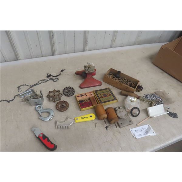 Antique Electrical Hardware: Excelsior Printer Set, Wood Rollers, Latch, Water Sprinkler, Clamps, I