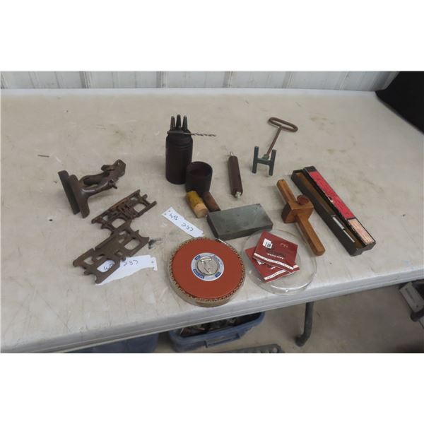 Vintage Woodworking Tools: 2 Saw Sets, Bench Clamp, Sharpening Stone, 3 Drill Bit Cases, H Branding