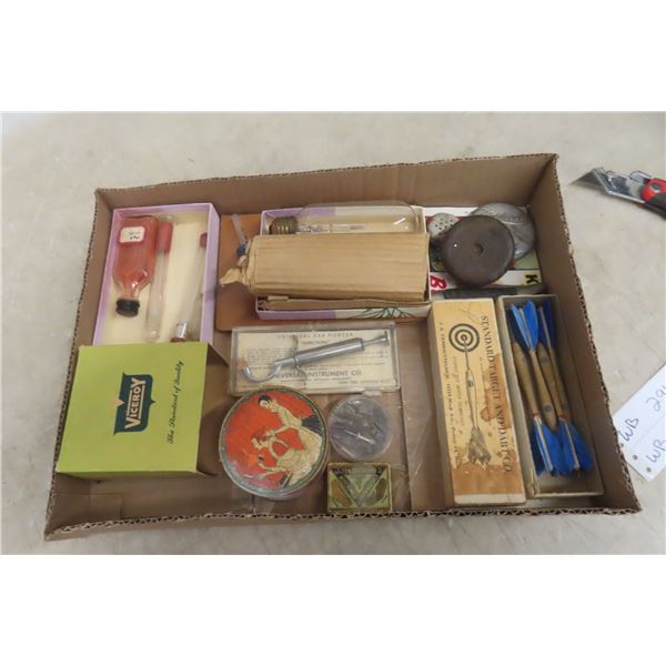 Antique General Store Products: Dart Box Set (4), Pocket Knife, Powder Box, Pen Nibs, Universal Ear