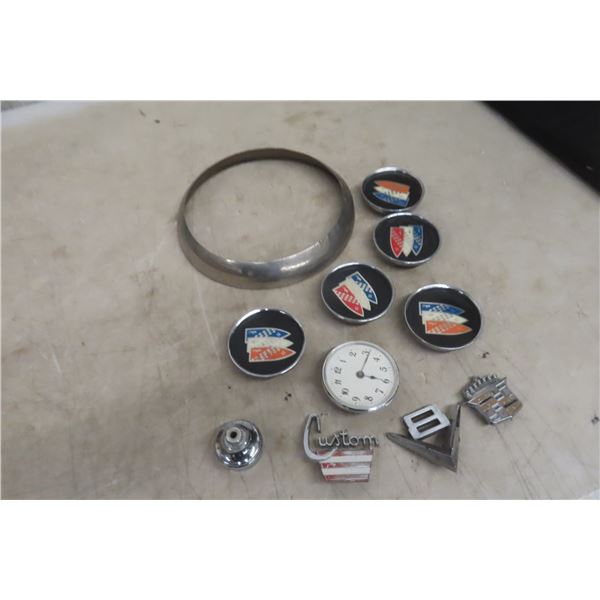 Vintage Car Emblem Lot: 5 Buick Tri-Shield Wheel Caps, 1955 Ford V8 Fender Emblem, 1977-80 Dodge Cu