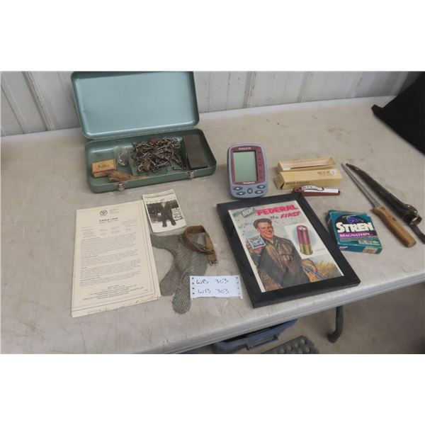 Vintage Fishing and Hunting Lot: Fillet Knife, Scraper, Fish Finder, Sharpening Stone, Eagle Lake O