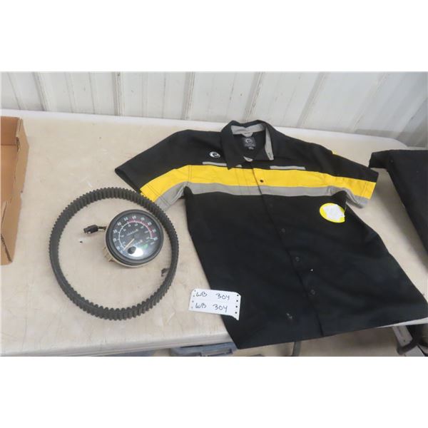 Vintage Snowmobile Lot: Arctic Cat Speedo, Belt, and Men's Large Bombardier BRP Short Sleeve Shirt
