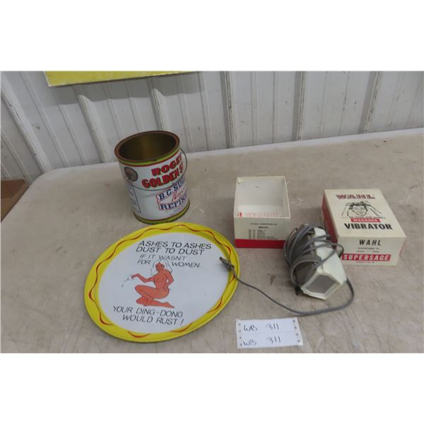 Vintage Tins and Store Products: Rogers Syrup Can, Electric Vibrator, and Risqué Naughty Tray