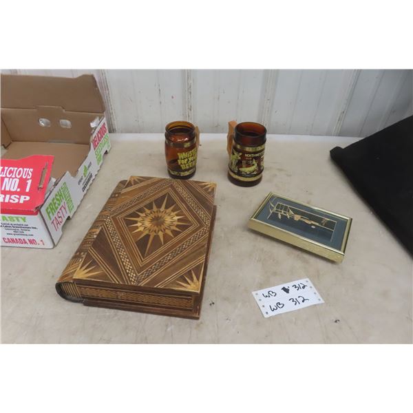 Vintage Book Safe, The Last Straw Framed Picture, and 2 Beer Glass Mugs