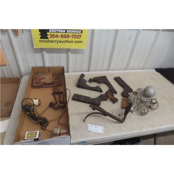 Antique Hardware: Clamp-On Light, Lighting Rod Ball, Furniture Parts, Screws, Buggy Step, and Wire