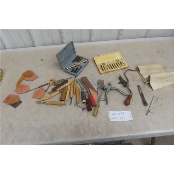 Vintage Leather Tools: Hand Punch, Alpha/Number Stamp Box Set, Cutters Box Set, Oiler, Leathercraft
