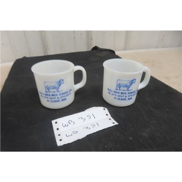 2 Rare 1950s Milk Glass Coffee Mugs from N. & J. Bulk Milk Service, St. Claude, Manitoba