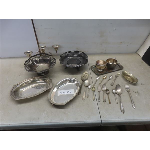 Silver Plated Servingware, Candlestick Holder, Flatware, Tray, and More