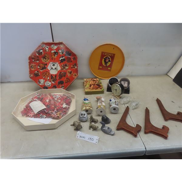 Vintage Jigsaw 506-Piece Puzzle (1966), Alarm Clock, 3 Figurines (Tallest 6 1/2"), Eatons Metal Tra