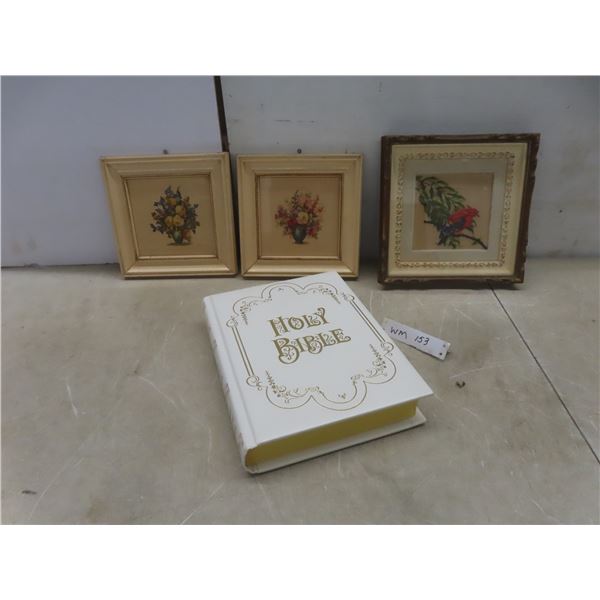 2 Framed Pictures 9" x 9" and Petit Point 10" x 10", and Holy Bible