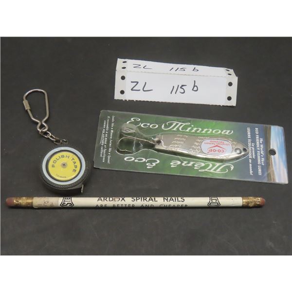 Coop Ukrainian Farmer Petroleum Fishing Lure (Factory Sealed), Polish Tape Measure, and "There's No