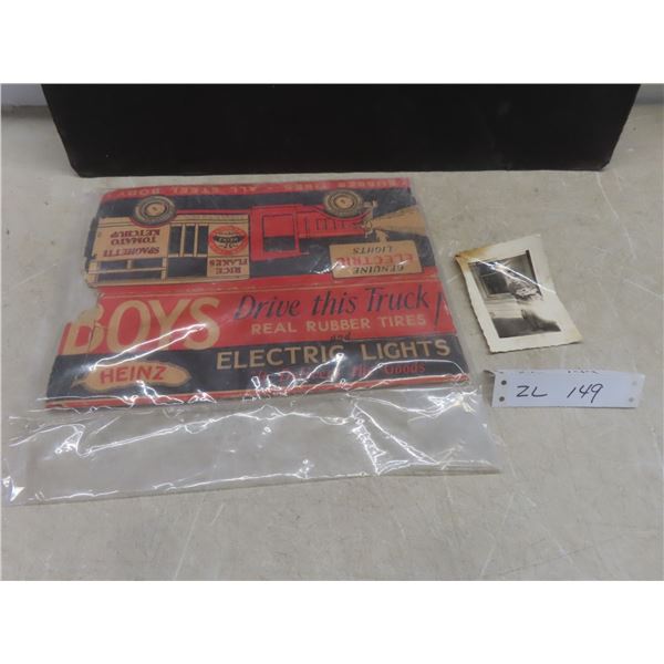 Vintage Heinz Steel Body, Rubber Tires, Cardboard Box, and 1938 Picture of Boy Holding Truck