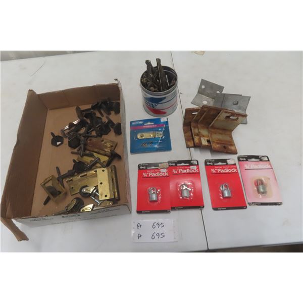 Hardware Lot: Hinges, Padlock, Chuck Keys, Drill Bits, Support Brackets