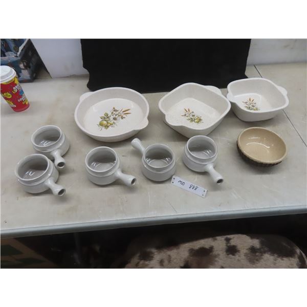 5 French Onion Soup Bowls; 3 Stoneware Blue Mountain Pottery Bowls + More