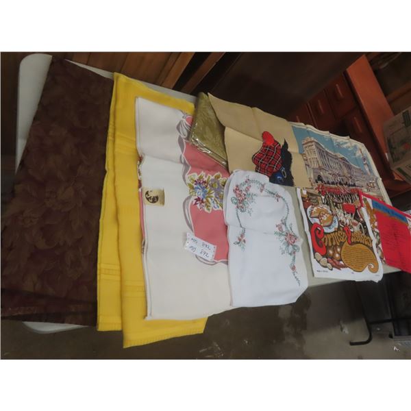 Linens: Table Cloths, Dresser Scarf, Tea Towels (Royal Lineage, Buckingham Palace); Glass Tray