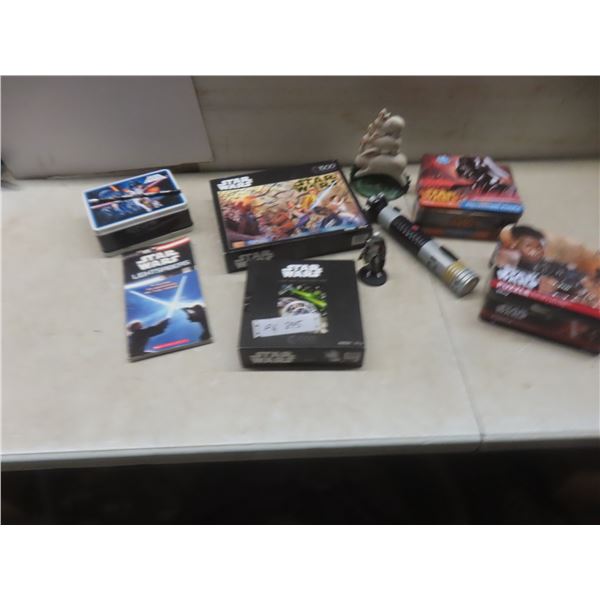 8 Star Wars Items: Light Saber (needs batteries), Capt. Phasma Figure, Metal Lunch Box