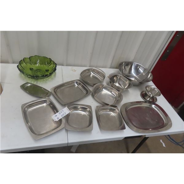 Stainless Steel Serving Dishes + Green Glass Bowl