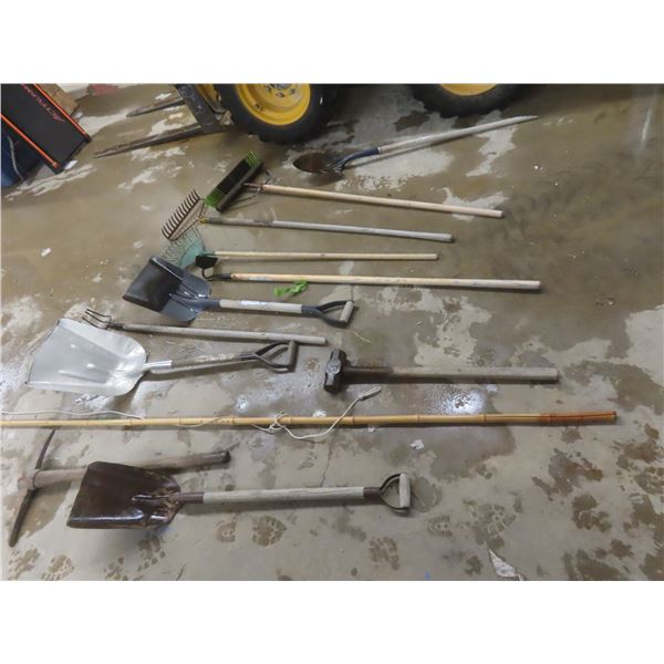 Hand Tools Lot: Shovels, Rakes, Push Broom, Hoe, Sledge Hammer, Pick Axe – all in a Bin