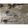 Image 1 : Hand Tools Lot: Shovels, Rakes, Push Broom, Hoe, Sledge Hammer, Pick Axe – all in a Bin