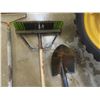 Image 2 : Hand Tools Lot: Shovels, Rakes, Push Broom, Hoe, Sledge Hammer, Pick Axe – all in a Bin