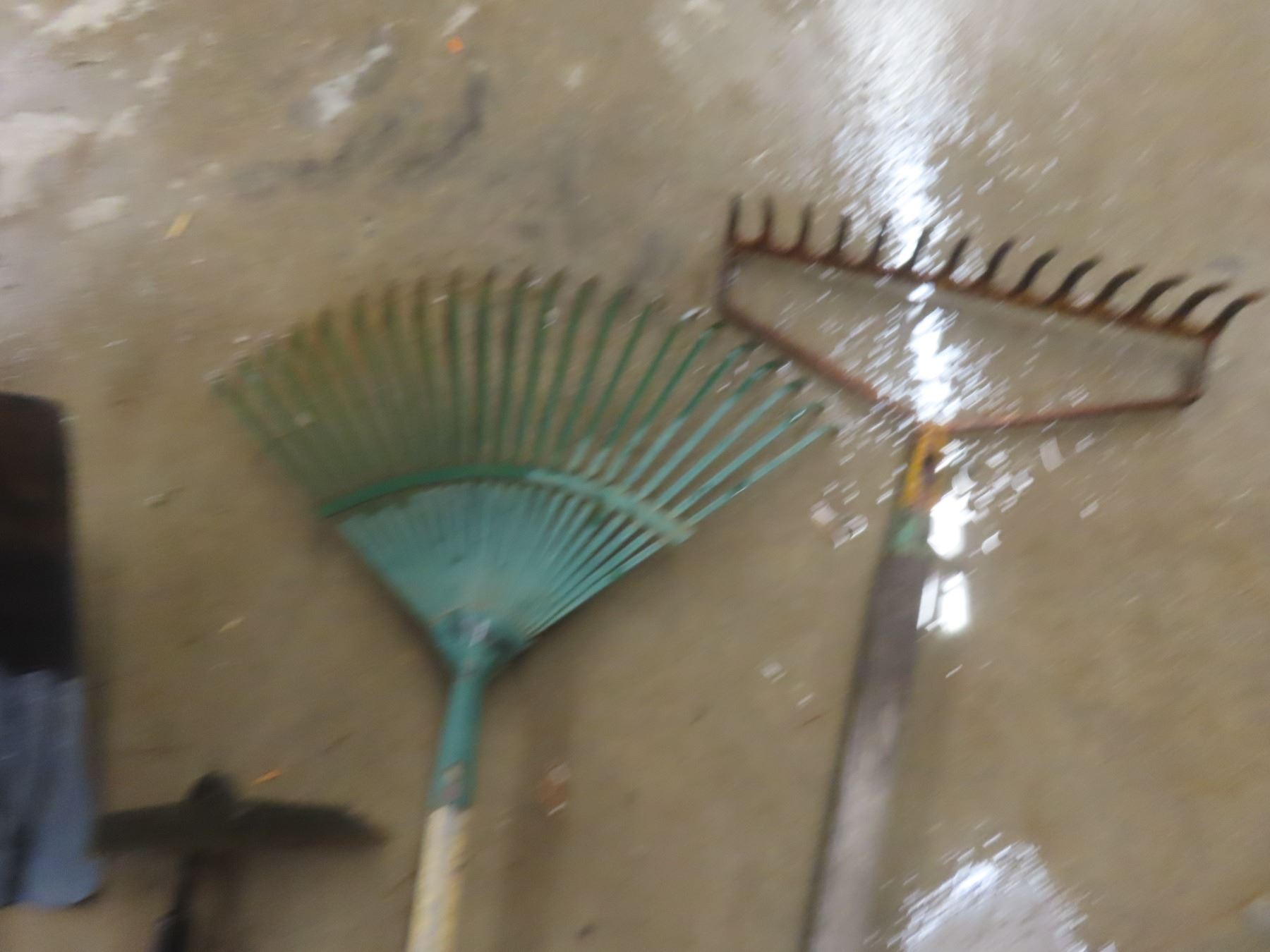 Hand Tools Lot: Shovels, Rakes, Push Broom, Hoe, Sledge Hammer, Pick ...