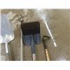 Image 6 : Hand Tools Lot: Shovels, Rakes, Push Broom, Hoe, Sledge Hammer, Pick Axe – all in a Bin