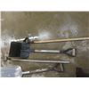 Image 7 : Hand Tools Lot: Shovels, Rakes, Push Broom, Hoe, Sledge Hammer, Pick Axe – all in a Bin