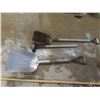 Image 9 : Hand Tools Lot: Shovels, Rakes, Push Broom, Hoe, Sledge Hammer, Pick Axe – all in a Bin