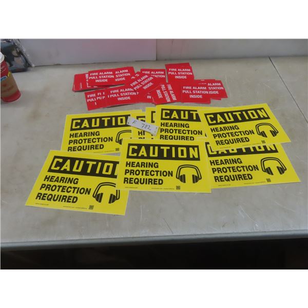 Sign, Adhesive Caution Ear Protection Required, 7" x 10" and Fire Alarm Pull Station Inside, 4" x 4"