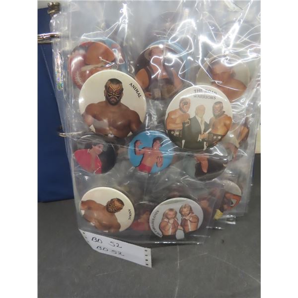 Binder Full of AWA Wrestling Badges/Buttons: Hogan, Ventura, Vachon, Road Warriors, Slaughter and