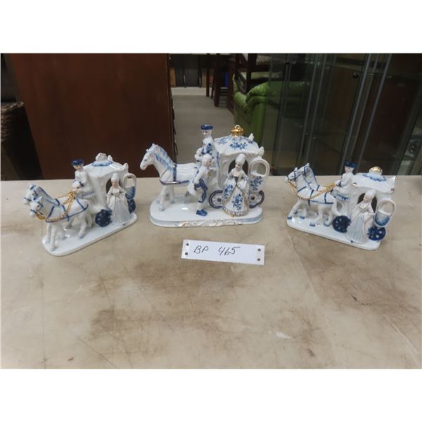 3 Porcelain Horses and Carriage and Figurine - 1: 7-1/2" x 7" H - 2: 5-1/4" L x 4-1/2" H