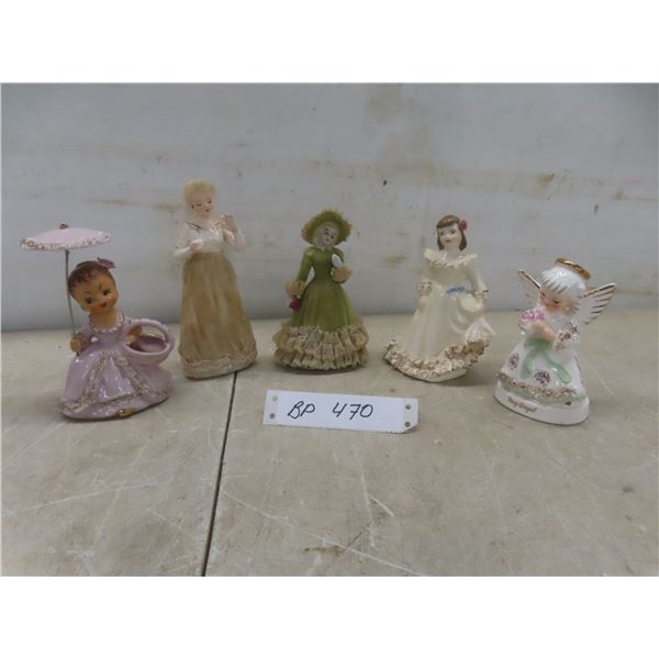 3 Vintage Figurines with Stiffened Lace, 1 Ceramic Angel, 1 Ucagco Japan Ceramic Girl with Parasol