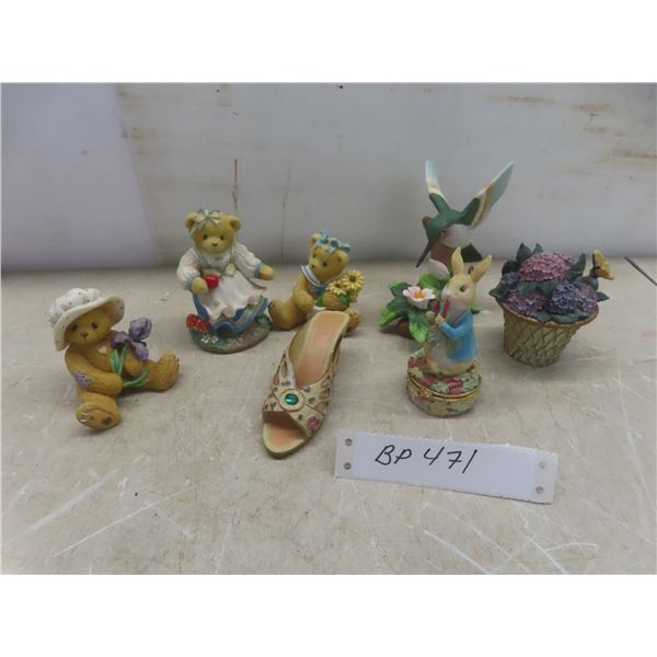 3 Cherished Teddies, 1 Humming Bird, 1 Shoe, 1 Hydrangea Flower Bee Trinket Box, 1 Peter Rabbit
