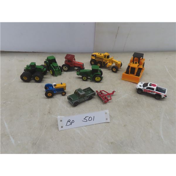 5 Small Tractors: 3 John Deere, 1 Match Box, 1 No Name Disker, CAT & Grader, 2 Trucks