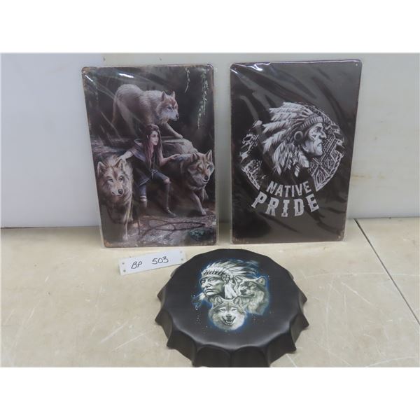 2 - 8" x 12" Tin Signs & 1 Tin Bottle Cap 8-1/2" All with Picture